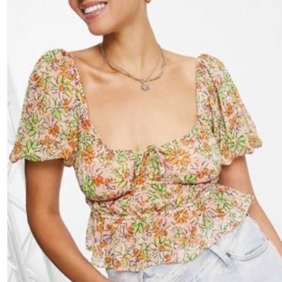 Miss Selfridge NEW Floral Milkmaid Top Womens Size 6 Pink Cropped Peplum ASOS - Picture 1 of 11